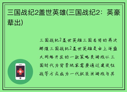 三国战纪2盖世英雄(三国战纪2：英豪辈出)